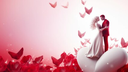 Wall Mural - Card or banner on Valentine's Day in white with a white heart and next to a heart of red rose petals and in it an angel in white with his bow on a red background draped in gradient. valentine love