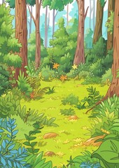 Wall Mural - Deep Green Summer Forest with Lush Pants, Grass and Trees. Children's book illustration in cartoon style.