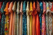Colorful Fabrics Hanging In A Row On Display