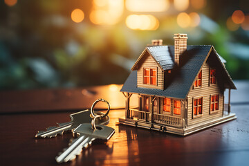 Model house and keys on table. Concept of dream house