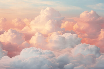 aerial view of beautiful fluffy clouds in the sky at sunset.