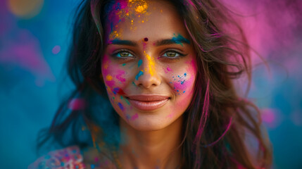 Wall Mural - Cheerful happy woman in colorful bright paint in sunny day. Summer portrait of smiling feel good girl on nature background. Holi festival. Leisure enjoy life