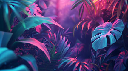 Wall Mural - A neon abstract background resembling a digital jungle, with glowing foliage and abstract flora