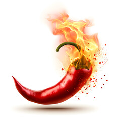 Wall Mural - Hot red chili pepper on fire isolated on white background