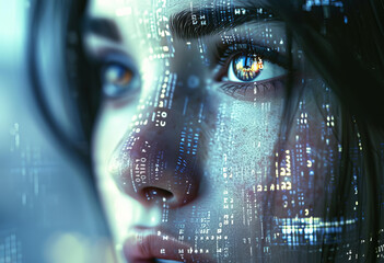 Wall Mural - portrait of a futuristic android woman with advanced technology data overlay