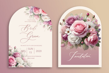 Wall Mural - Luxury arch wedding invitation card background with garden watercolor botanical pink roses and leaves. Abstract floral art background vector design for wedding and vip cover template.