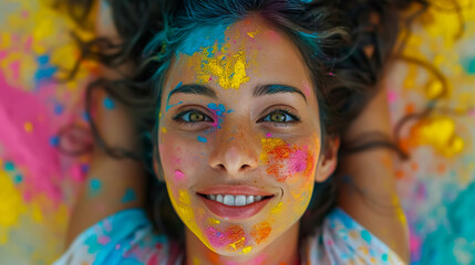 Wall Mural - Happy sunny beautiful woman female teenager celebrating holi festival in spring, summer day outdoor in green park with light leaks and colorful powder. International spring happy holi holiday concept