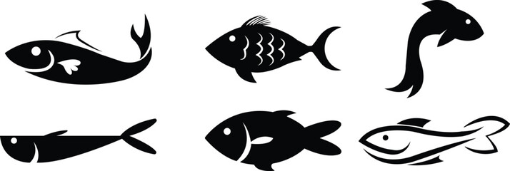 Wall Mural - Fish icons set showing aquatic animals with various fins, scales, tails and gills swimming in water. Design element for logo, label, sign. Black flat or line vector isolated on transparent background