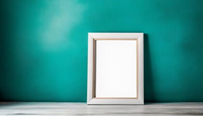 Poster - a white picture frame leans on an aegean teal painted wall