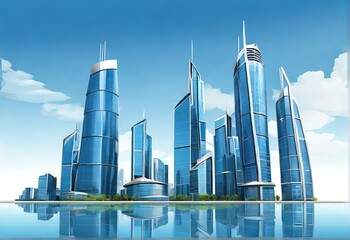 Wall Mural - Modern skyscrapers of a smart city, futuristic financial district, graphic perspective of buildings and reflections - Architectural blue background from Generative AI