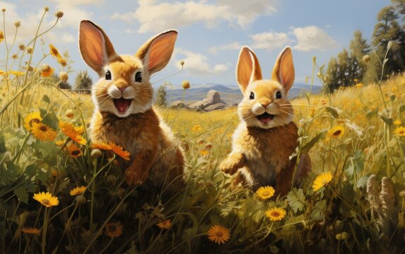Joyful Rabbit Family Meadow Frolic