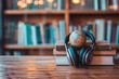 Language learning background with foreign language books and headphones. headphones on book