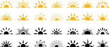 Yellow And Black Sun Flat Icon Set, Sunshine And Solar Glow Sunrise Or Sunset. Decorative Half Sun And Sunlight. Hot Solar Energy For Tan. Vector Isolated On Transparent Background. Hand Drawn Symbol.