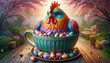 Colorful Fantasy Rooster Perched in a Teacup Among a Lush Garden and Decorated Easter Eggs