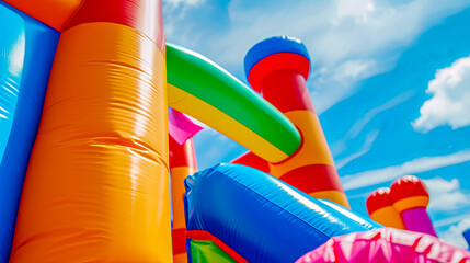 Colorful Inflatable Bouncy Castle Under Blue Sky with Clouds - Outdoor Kids Entertainment