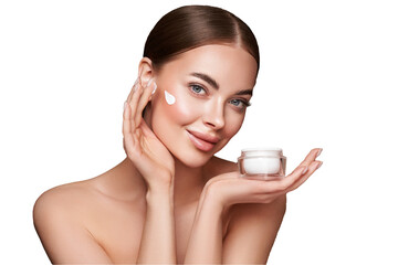 Wall Mural - beauty woman applying cream on her face. young woman with clean fresh skin. model with a jar of face