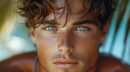 Closeup stunning handsome athletic summer sexy surfer model man with hazel blue eyes and brown hair looking posing on the beach