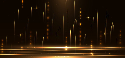 Elegant gold glowing vertical motion lighting effect sparkle on dark brown background. Template soft light and fireworks.