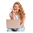 Portrait of attractive cheerful skilled girl using laptop