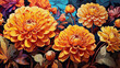 Beautiful orange and yellow flowers like dahlias depicted in psychedelic style art. AI generated illustration.