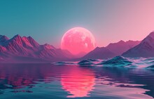 Illustration Of Sunset On The Lake And Mountains Reflected In The Water