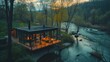 Square house by the mountain river, spring time, drone view, glass walls, board porch