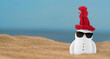 Cute small decorative snowman with sunglasses and red hat on sandy beach near sea, space for text. Banner design