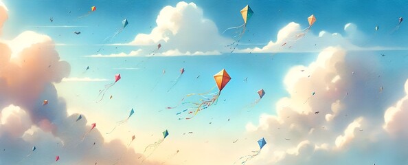 Watercolor painting scene of flying kites in a cloudy sky.