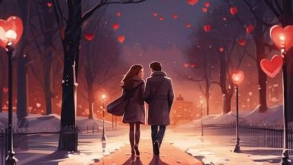 Wall Mural - Two people dating on Valentine's Day with heart shaped lights in the night, beautiful and romantic date, a man and a woman walk in the street, cold weather but warm atmosphere, made with