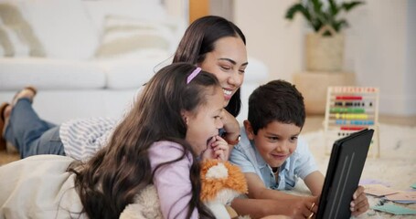 Sticker - Education, tablet and mother teaching kids on floor of living room in home together for child development. Love, smile or happy with parent and children in apartment for study, homework or elearning