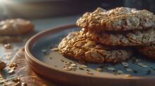 Oatmeal Cookies With Sunflower Seeds On A Plate. Selective Focus.