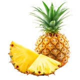 Whole pineapple and pineapple slice. Pineapple with leaves isolate on white. Full depth of field isolated on transparent background