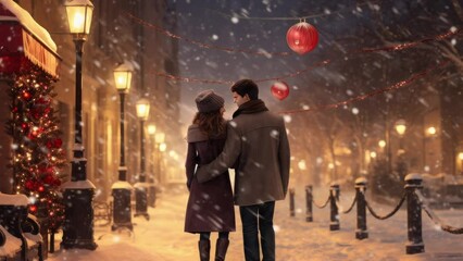 Wall Mural - Couple at christmas lovely street. valentine love woman and man winter