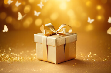 Gold gift box with gold ribbon on a gold background with bokeh and butterflies. Gold blex everywhere.