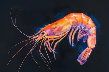 Wall Mural - Shrimp in watercolor style isolated on black background