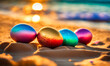 Easter eggs on the beach. Selective focus.