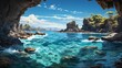 A panoramic view of a hidden cobalt blue ocean cove, accessible only through a narrow cave opening