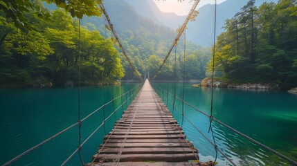Wall Mural - Crossing a Hanging Bridge Over a Beautiful Lake on a Sunny Day