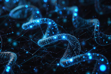 Glowing digital DNA strands on dark blue network background