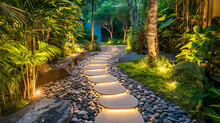 Garden Stone Walkway With Lighted Candles In The Evening.
