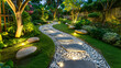 © SongMin - Garden stone walkway with lighted candles in the evening.