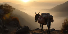 Loaded Domestic Donkey With Bags On A Mountain Path At Sunset