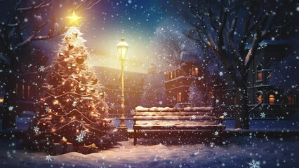 Wall Mural - Christmas tree in the snowy city, snowfall in xmas eve, snow covered bench