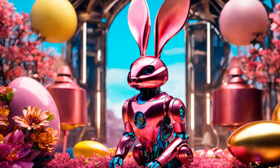 Robot bunny Easter eggs. Selective focus.