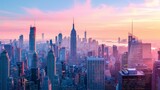 Fototapeta  - New York City panorama skyline at sunrise. Manhattan office buildings / skysrcapers at the morning. New York City panoramatic shot.