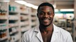 © Arceli - Portrait of smiling happy black african male pharmacist on a drug store background from Generative AI