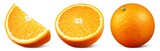 Fototapeta  - Orange slice isolated on white. Orange with slice and half on white background. Orange fruit collection with clipping path. Full depth of field.