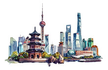 Chinese Traditional And Modern Ancient Architectural Watercolor Style Stickers