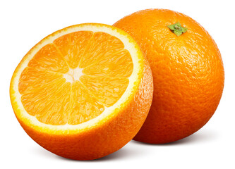 Poster - Orange with a half isolated. Two oranges on white background. Orang fruit with slice. Clipping path. Full depth of field.