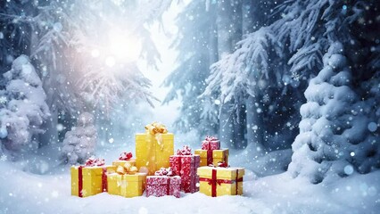Wall Mural - Christmas presents in the snow - wrapped xmas gifts in the frozen pine forest